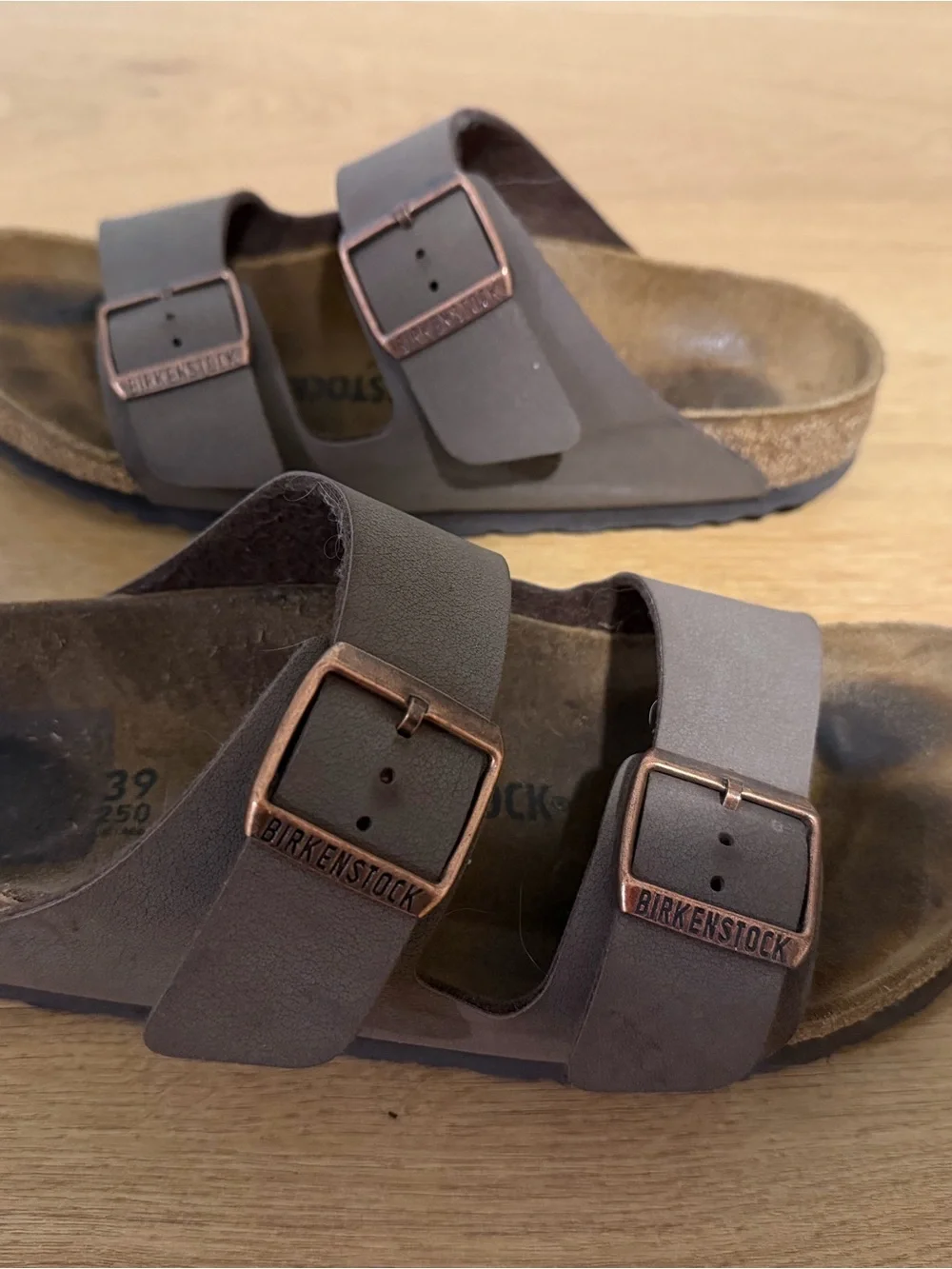 Birkenstock Arizona Double Strap Sandals in Brown Taupe with Copper Buckles